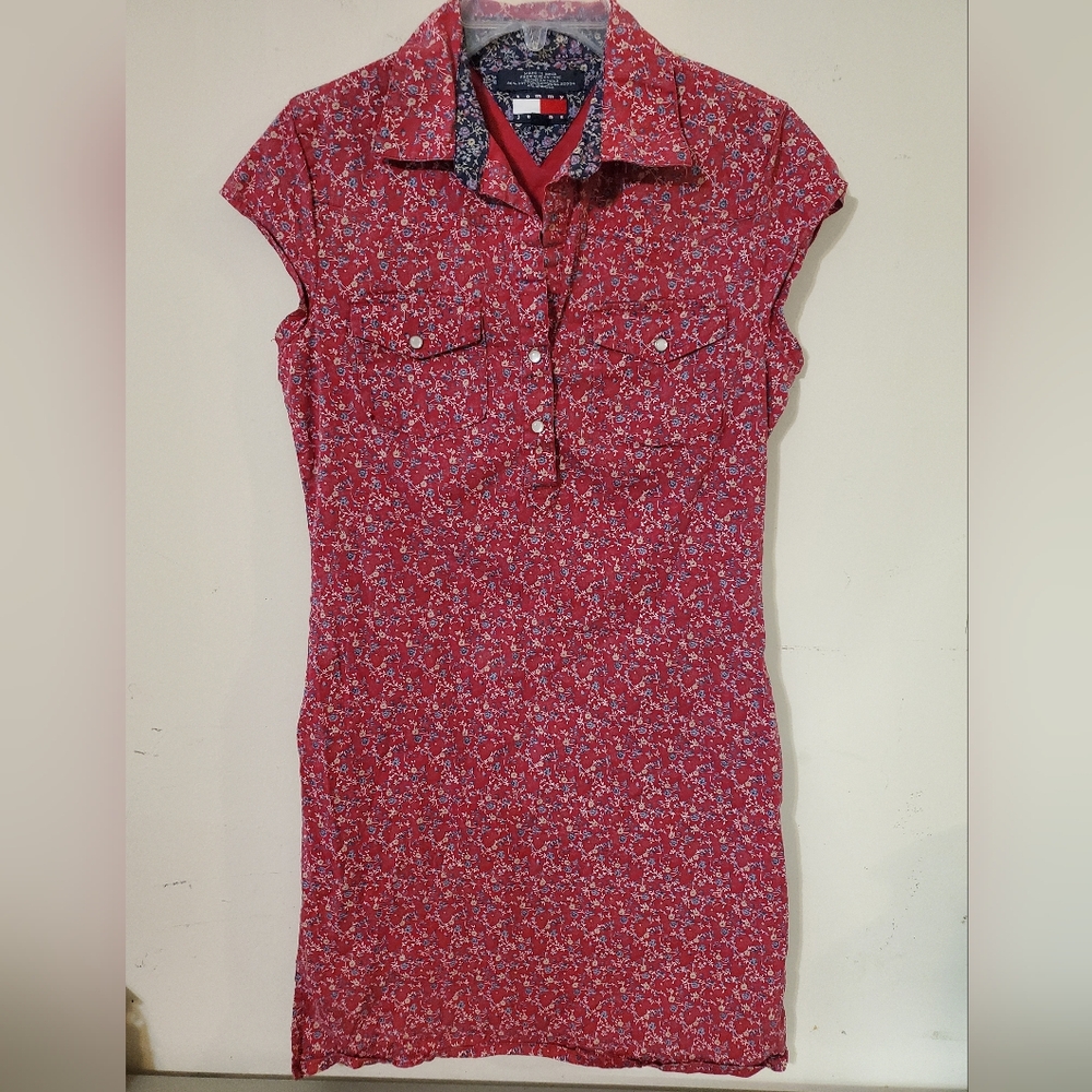 90s Tommy Hilfiger Floral Shirt Dress Mini Cap Sleeve Snap Buttons Medium